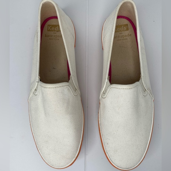 KATE Spade X Keds Double Decker Twill White Slip-On Sneakers with Rainbow Trim - Picture 2 of 13